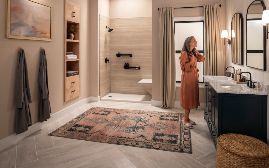 Woman safely getting ready in her bathroom for seniors