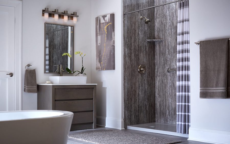 Rustic walnut color bathroom remodel in HIcksville, NY